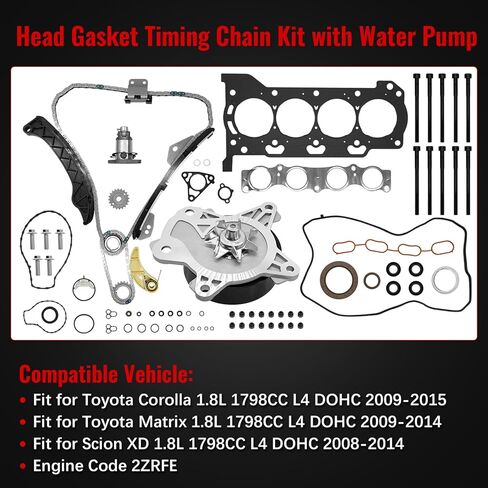 HS26515PT Head Gasket Timing Chain Kit with Head Bolts Water Pump Fit for Toyota Corolla 1.8L 2009-2015, for Matrix 1.8L 2009-2014, for Scion Xd 1.8L 2008-2014, Replace 13506-0T020, 13540-0T020 in Kuwait
