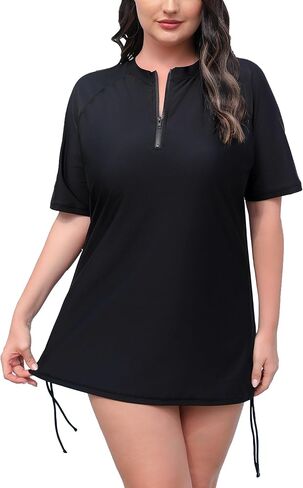 Halcurt Women's Plus Size Half Zip Short Sleeve Rash Guard Swim Top Drawstring Swim Shirt UPF50+ Swimsuit in Kuwait