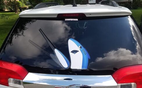 Sharky Waving Fin WiperTag USA with decal attaches to rear vehicle wiper blade in Saudi Arabia