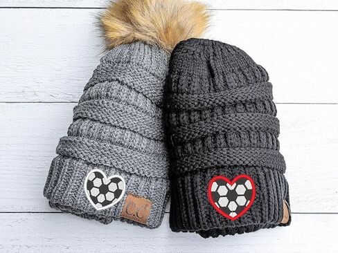 Women's Custom Soccer Themed Beanie for Mom Wife Fan Player Etc, Monogrammed Heart Shaped Ball Fall Winter Hat Sewn Toque, Embroidered Spirit Wear Games Clothing Present, College High School in Kuwait
