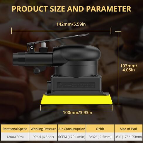 AMTOVL Pneumatic Random Orbital Sander – 3 x 4-inch Air Sander with Variable Speed, 12000 RPM Palm Sander for Automotive Bodywork, Woodworking & Surface Finishing in Kuwait