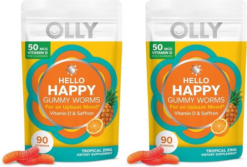 OLLY Hello Happy Gummy Worms، دعم توازن المزاج، فيتامين د، الزعفران، مكمل غذائي قابل للمضغ للبالغين، زنج استوائي - 60 قطعة in Kuwait