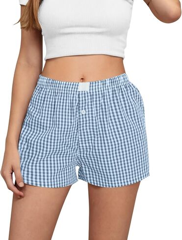 Linen Shorts Womens Casual Elastic Waist Summer Beach Pants Loose High Waisted Lounge Wide Leg Checkered Shorts in Saudi Arabia