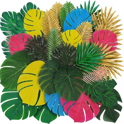 84 Pcs Artificial Palm Monstera Leaves Colorful Set Tropical Fake Leaves Palm Sunday Monstera Green Pink Yellow for Luau Hawaiian Theme Party Table Decoration Beach Wedding Birthday Summer in Kuwait