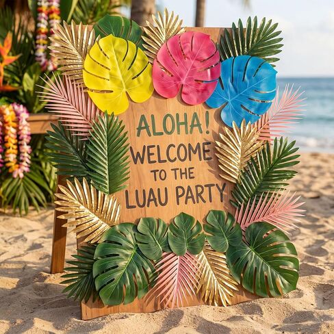 84 Pcs Artificial Palm Monstera Leaves Colorful Set Tropical Fake Leaves Palm Sunday Monstera Green Pink Yellow for Luau Hawaiian Theme Party Table Decoration Beach Wedding Birthday Summer in Kuwait