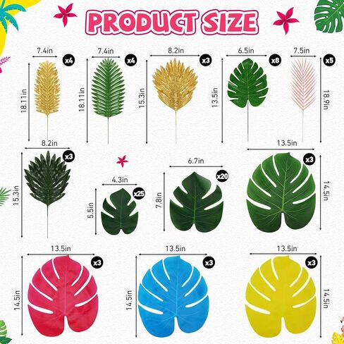 84 Pcs Artificial Palm Monstera Leaves Colorful Set Tropical Fake Leaves Palm Sunday Monstera Green Pink Yellow for Luau Hawaiian Theme Party Table Decoration Beach Wedding Birthday Summer in Kuwait