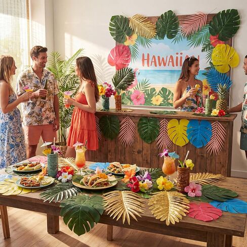 84 Pcs Artificial Palm Monstera Leaves Colorful Set Tropical Fake Leaves Palm Sunday Monstera Green Pink Yellow for Luau Hawaiian Theme Party Table Decoration Beach Wedding Birthday Summer in Kuwait