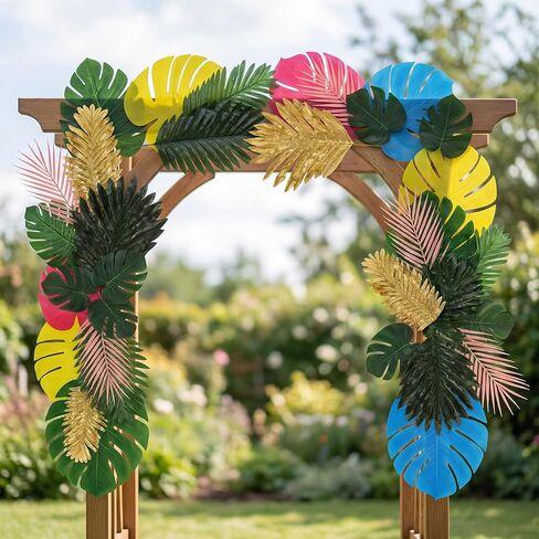 84 Pcs Artificial Palm Monstera Leaves Colorful Set Tropical Fake Leaves Palm Sunday Monstera Green Pink Yellow for Luau Hawaiian Theme Party Table Decoration Beach Wedding Birthday Summer in Kuwait