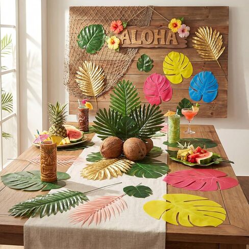 84 Pcs Artificial Palm Monstera Leaves Colorful Set Tropical Fake Leaves Palm Sunday Monstera Green Pink Yellow for Luau Hawaiian Theme Party Table Decoration Beach Wedding Birthday Summer in Kuwait