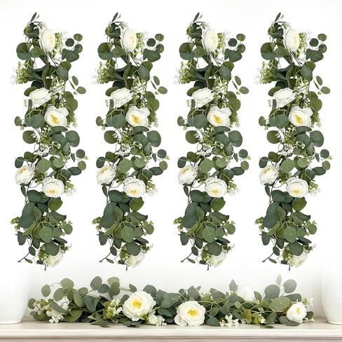 4 قطع من إكليل الأوكالبتوس الاصطناعي مع الزهور، إجمالي 23.6أقدام 24 وردة بيضاء إكليل أنفاس الطفل ومساحات خضراء لحفلات الزفاف المركزية ومفرش الطاولة وخلفية ديكور الحائط in Kuwait