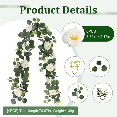 4 قطع من إكليل الأوكالبتوس الاصطناعي مع الزهور، إجمالي 23.6أقدام 24 وردة بيضاء إكليل أنفاس الطفل ومساحات خضراء لحفلات الزفاف المركزية ومفرش الطاولة وخلفية ديكور الحائط in Kuwait