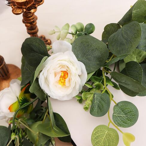 4 قطع من إكليل الأوكالبتوس الاصطناعي مع الزهور، إجمالي 23.6أقدام 24 وردة بيضاء إكليل أنفاس الطفل ومساحات خضراء لحفلات الزفاف المركزية ومفرش الطاولة وخلفية ديكور الحائط in Kuwait