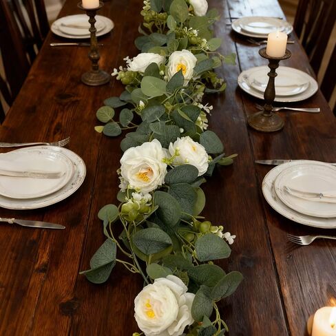 4 قطع من إكليل الأوكالبتوس الاصطناعي مع الزهور، إجمالي 23.6أقدام 24 وردة بيضاء إكليل أنفاس الطفل ومساحات خضراء لحفلات الزفاف المركزية ومفرش الطاولة وخلفية ديكور الحائط in Kuwait