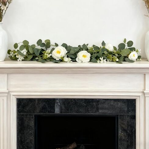 4 قطع من إكليل الأوكالبتوس الاصطناعي مع الزهور، إجمالي 23.6أقدام 24 وردة بيضاء إكليل أنفاس الطفل ومساحات خضراء لحفلات الزفاف المركزية ومفرش الطاولة وخلفية ديكور الحائط in Kuwait