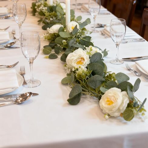 4 قطع من إكليل الأوكالبتوس الاصطناعي مع الزهور، إجمالي 23.6أقدام 24 وردة بيضاء إكليل أنفاس الطفل ومساحات خضراء لحفلات الزفاف المركزية ومفرش الطاولة وخلفية ديكور الحائط in Kuwait