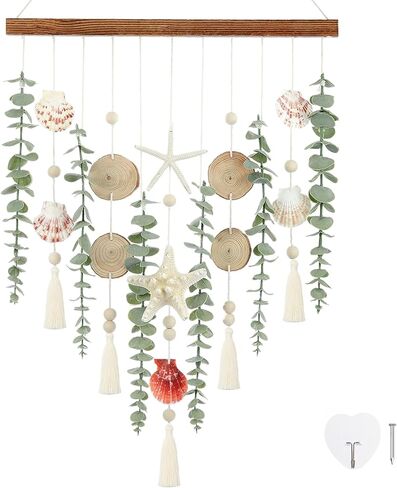 Coastal Wall Decoration with Artificial Eucalyptus Fake Greenery Leaves Seashells and Starfish, for Bathroom Bedroom Kitchen Dining Room Livingroom Beach Wall Decor in Saudi Arabia