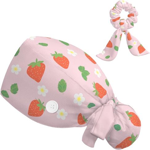 Scrub Caps Women Ponytail, Adjustable Surgical Cap with Buttons, Bouffant Hat with Scrunchy, Strawberry Pink Floral Kawaii in Saudi Arabia
