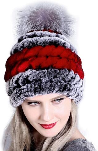 Women's The Super Rex Rabbit Fur Hats Winter Windproof Fox Fur Ball Warm Cap in Kuwait