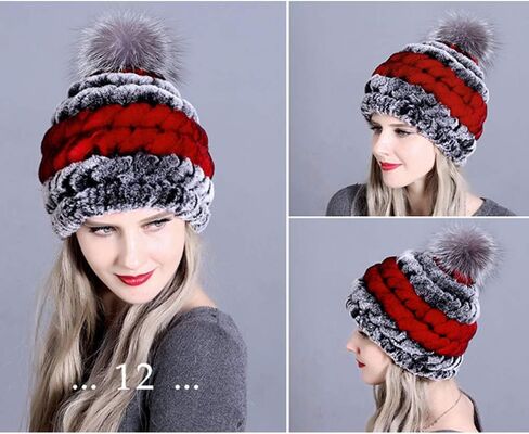 Women's The Super Rex Rabbit Fur Hats Winter Windproof Fox Fur Ball Warm Cap in Saudi Arabia