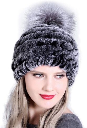 Women's The Super Rex Rabbit Fur Hats Winter Windproof Fox Fur Ball Warm Cap in Saudi Arabia