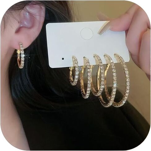 3 Pairs Silver Gold Hoop Earrings for Women Thin Rhinestone Round Hoop Earrings Set Sparkly Large Cubic Zirconia Hoops Party Dance Fashion Hypoallergenic Jewelry Gift for Her in Saudi Arabia