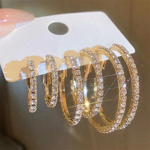 3 Pairs Silver Gold Hoop Earrings for Women Thin Rhinestone Round Hoop Earrings Set Sparkly Large Cubic Zirconia Hoops Party Dance Fashion Hypoallergenic Jewelry Gift for Her in Saudi Arabia