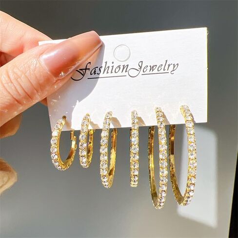 3 Pairs Silver Gold Hoop Earrings for Women Thin Rhinestone Round Hoop Earrings Set Sparkly Large Cubic Zirconia Hoops Party Dance Fashion Hypoallergenic Jewelry Gift for Her in Saudi Arabia