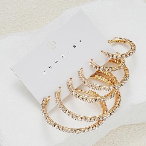 3 Pairs Silver Gold Hoop Earrings for Women Thin Rhinestone Round Hoop Earrings Set Sparkly Large Cubic Zirconia Hoops Party Dance Fashion Hypoallergenic Jewelry Gift for Her in Saudi Arabia