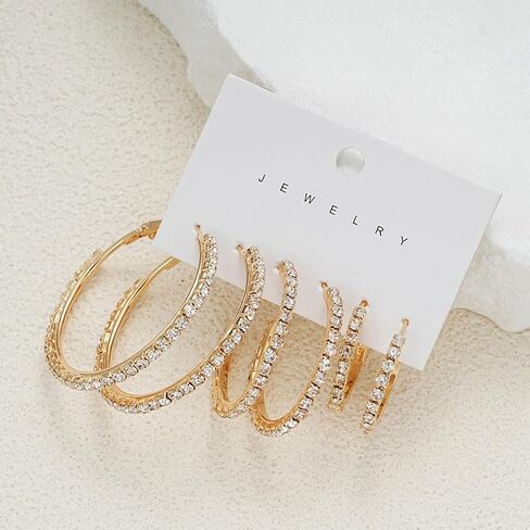 3 Pairs Silver Gold Hoop Earrings for Women Thin Rhinestone Round Hoop Earrings Set Sparkly Large Cubic Zirconia Hoops Party Dance Fashion Hypoallergenic Jewelry Gift for Her in Saudi Arabia