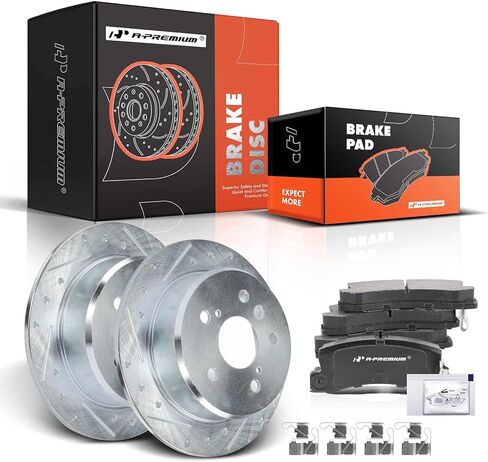 A-Premium 10.59 inch (269 mm) Rear Drilled and Slotted Disc Brake Rotors + Ceramic Pads Kit Compatible with Select Lexus and Toyota Models - ES300 1997-1999, Camry 1992-1999, Solara 1999, 6-PC Set in Saudi Arabia