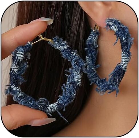 Denim Hoop Earrings for Women Large Circle Round Statement Exaggerated Geometric Hoop Fabric Denim Earrings Punk Jewelry in Kuwait