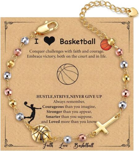 ADRAMATA Volleyball Softball Soccer Basketball Baseball Football Tennis Bracelet for Women 14K Gold Plated Cross Charm Rosary Bracelet with Sport Card Christian Jewelry Easter Team Coach Players Gift in Kuwait