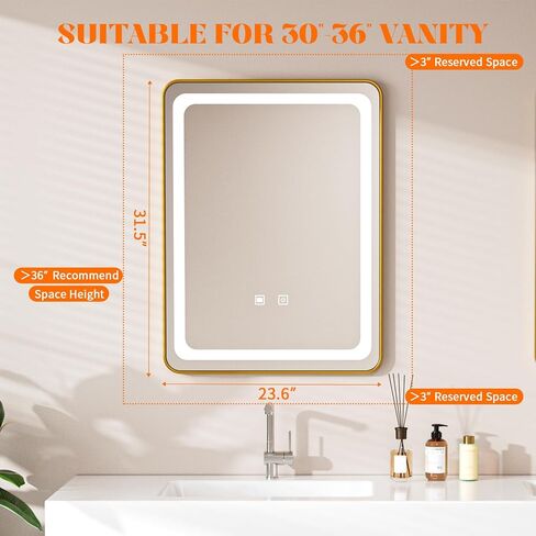 مرايا حمام LED مع أضواء، مرآة LED مربعة ذهبية مقاس 24 بوصة × 32 بوصة للحمام، بدون ضباب، 3 ألوان قابلة للتعتيم، مستشعر باللمس in Saudi Arabia