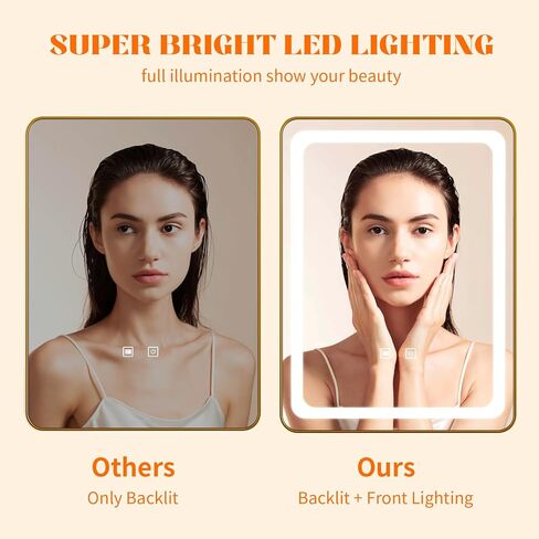 مرايا حمام LED مع أضواء، مرآة LED مربعة ذهبية مقاس 24 بوصة × 32 بوصة للحمام، بدون ضباب، 3 ألوان قابلة للتعتيم، مستشعر باللمس in Saudi Arabia