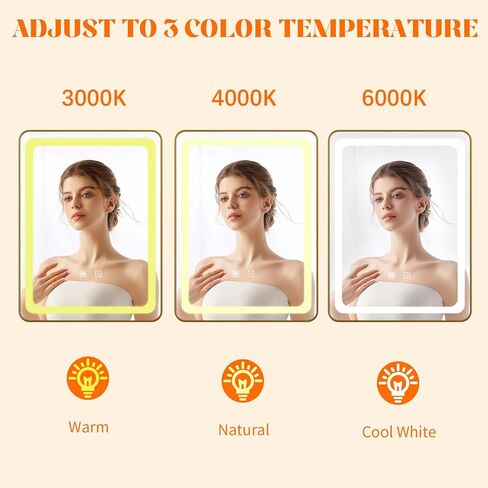 مرايا حمام LED مع أضواء، مرآة LED مربعة ذهبية مقاس 24 بوصة × 32 بوصة للحمام، بدون ضباب، 3 ألوان قابلة للتعتيم، مستشعر باللمس in Saudi Arabia