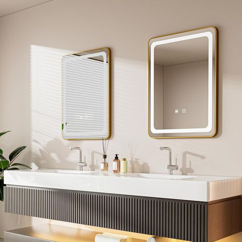 مرايا حمام LED مع أضواء، مرآة LED مربعة ذهبية مقاس 24 بوصة × 32 بوصة للحمام، بدون ضباب، 3 ألوان قابلة للتعتيم، مستشعر باللمس in Saudi Arabia