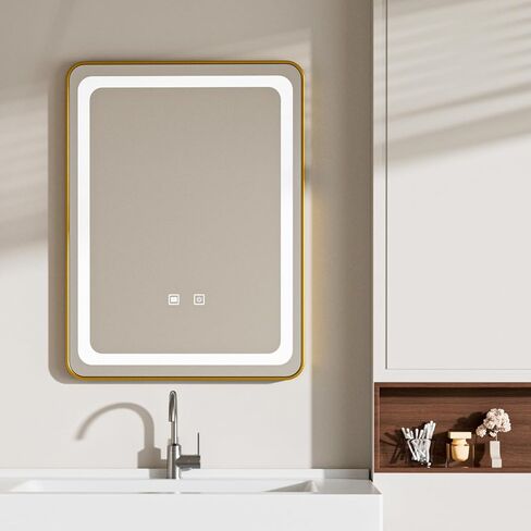 مرايا حمام LED مع أضواء، مرآة LED مربعة ذهبية مقاس 24 بوصة × 32 بوصة للحمام، بدون ضباب، 3 ألوان قابلة للتعتيم، مستشعر باللمس in Saudi Arabia