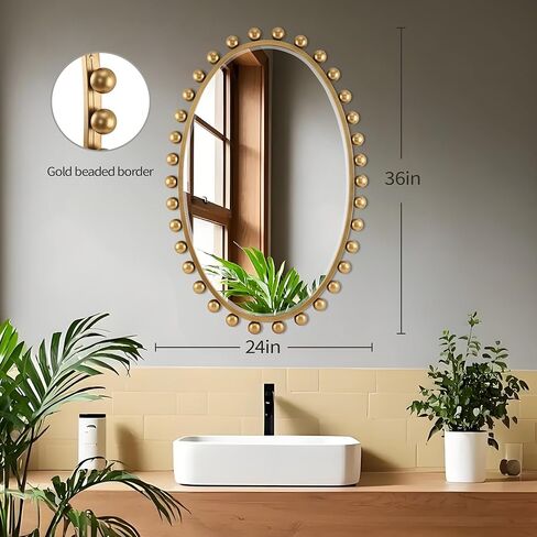 مرآة حمام بيضاوية مثبتة على الحائط مقاس 60.96 سم × 91.44 سم مع زجاج مشطوف، إطار كروي مطرز بالذهب العتيق، مرآة حائط معلقة رأسية وأفقية للحمام، وغرفة النوم، والمدخل، وغرفة الملابس in Kuwait