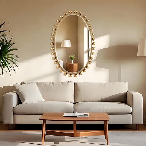 مرآة حمام بيضاوية مثبتة على الحائط مقاس 60.96 سم × 91.44 سم مع زجاج مشطوف، إطار كروي مطرز بالذهب العتيق، مرآة حائط معلقة رأسية وأفقية للحمام، وغرفة النوم، والمدخل، وغرفة الملابس in Kuwait