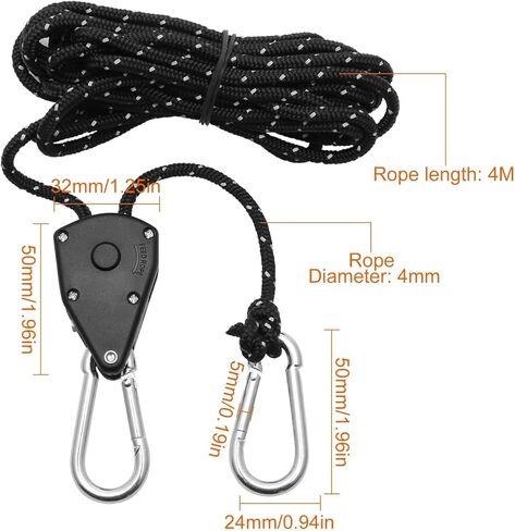 قطعتان من حبال السقاطة بطول 4 أمتار، شماعات سقاطة لأضواء النمو مع خطافين بديلين معدنيين، شماعة حبل شديدة التحمل قابلة للتعديل لمعدات غرفة النمو والتخييم في الهواء الطلق (أسود) in Kuwait