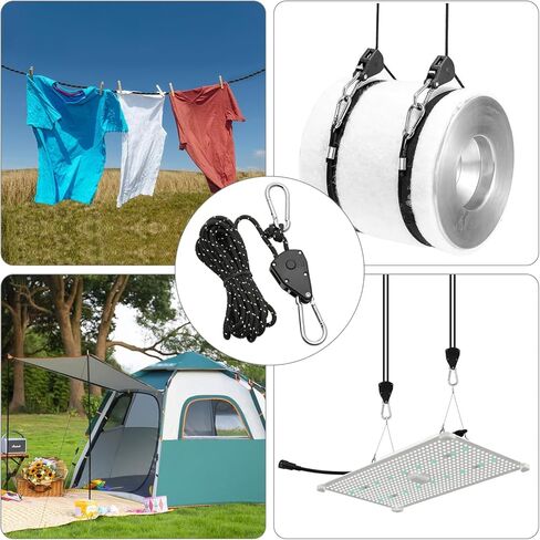 قطعتان من حبال السقاطة بطول 4 أمتار، شماعات سقاطة لأضواء النمو مع خطافين بديلين معدنيين، شماعة حبل شديدة التحمل قابلة للتعديل لمعدات غرفة النمو والتخييم في الهواء الطلق (أسود) in Kuwait