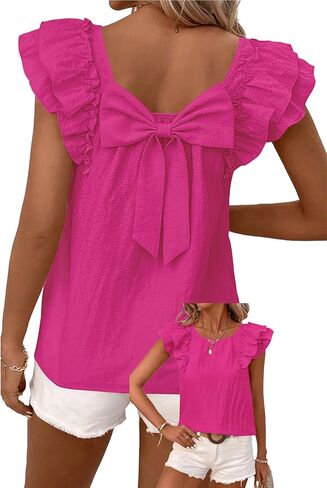 Halife ملابس علوية نسائية صيفية مع ربطة عنق من الخلف ورقبة دائرية مكشكشة وأكمام قصيرة بلوزات أنيقة كاجوال لطيفة قميص بيبي دول in Kuwait