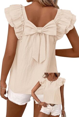 Halife Womens Summer Tops with Bow Tie Back Crew Neck Ruffle Short Sleeve Blouses Dressy Casual Cute Babydoll Shirt in Kuwait