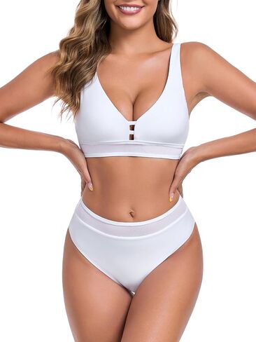 Colloyes Women's Deep V Neck Cutout Front Mesh Splicing Bikini Sets High Cut High Waisted Bottom Two Piece Swimsuit for Women in Kuwait