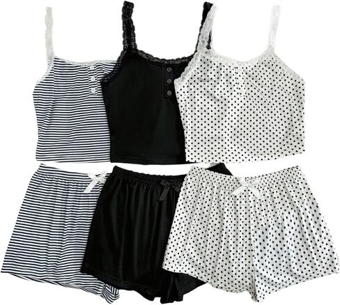 SOLY HUX Women's Short Pajamas 6 Piece Lace Lounge Set Printed Sleeveless Sleepwear in Saudi Arabia