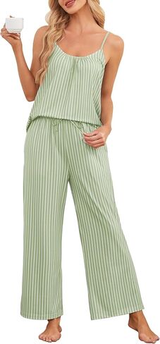 Sexy Pajamas for Women Set Striped Sleeveless Tank Top Pj Pants Soft Summer 2 Piece Lounge Set with Pockets in Kuwait