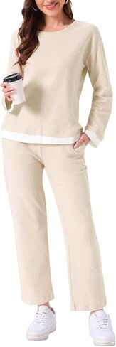 cheibear Womens Waffle Cotton Pajamas Long Sleeve with Pants 2 Piece Matching Lounge Sets with Pockets in Saudi Arabia