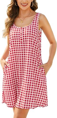 Marvmys Women Cotton Sleeveless Tank Nightgowns Summer Henley Lettuce Hem Nightshirts Sleepwear with Pocket S-2XL in Kuwait