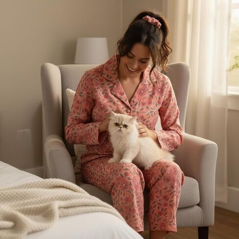 Huar Women’s Premium Silk Pajama Set - Floral Print Button Down Nightwear, Luxury Lightweight Pure Silk Loungewear Set in Saudi Arabia