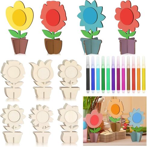 MotiMind 48 Pcs Wood Flower for Crafts 3D Spring Wooden Flower Cutouts with 12 Colored Pens Unfinished Wooden Tulip Signs Wooden Tulip to Paint Mother's Day Table Centerpiece Spring Tiered Tray Decor in Kuwait